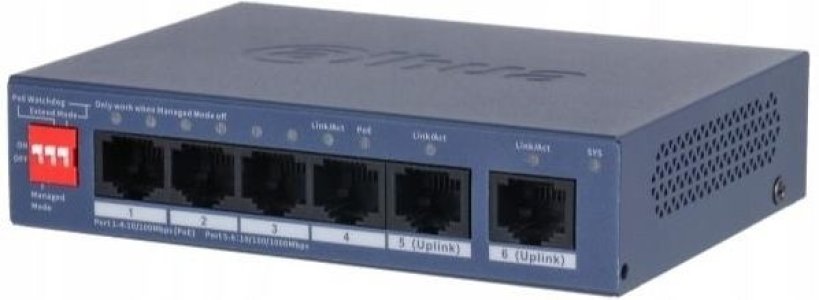 DAHUACS4006-4ET2GT-36 6-Port Cloud Managed Desktop Switch with 4-Port PoE (4X RJ-45 10/100 Mbps PoE ports), 2 x 10/100/1000 Mbps (uplink), 36W.